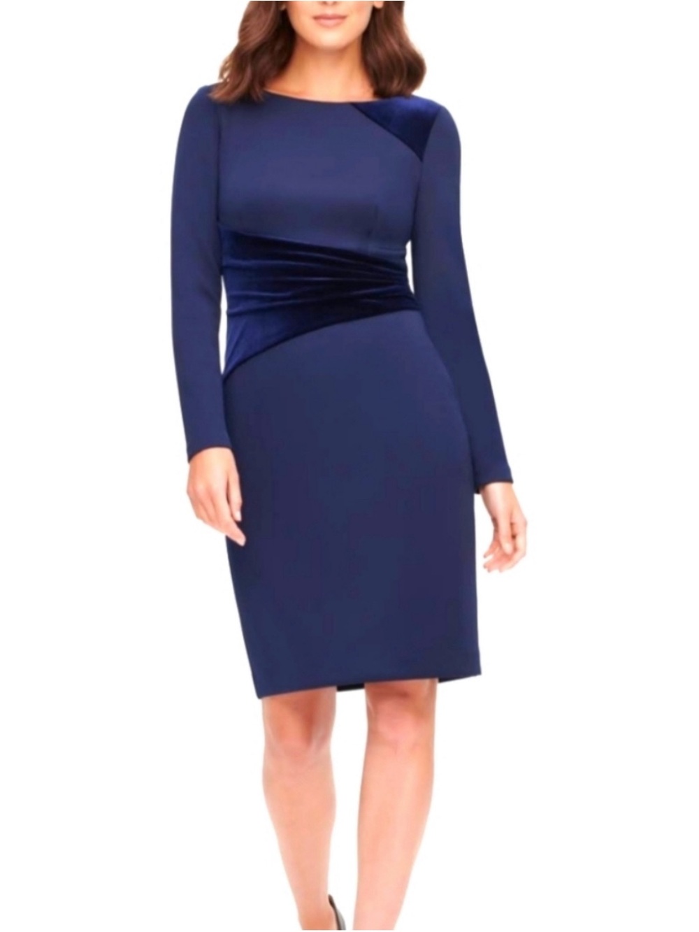 Like New Vince Camuto Navy Long-Sleeve Sheath Dress with Velvet Waist Panel